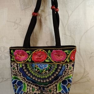Embroidered Floral Tote Bag - Black and Multicolor